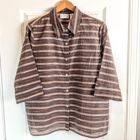 Alfred Dunner Tan Metallic Stripe Sheer Shirt - Picture 1 of 7